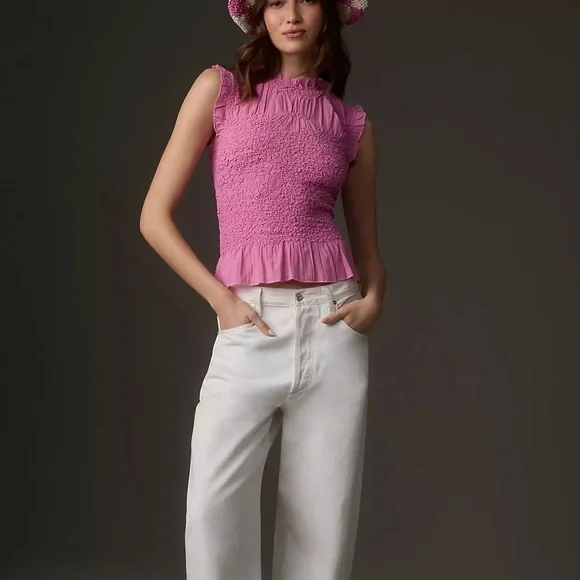 Anthropologie Textured Smocked Vest Top Pink Size Medium - Picture 2 of 11